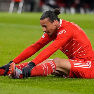Bayern's Leroy Sane reacts after failing to score during the Champions League round of 16 second leg soccer match between Bayern Munich and Paris Saint Germain at the Allianz Arena in Munich, Germany, Wednesday, March 8, 2023. (AP Photo/Matthias Schrader)