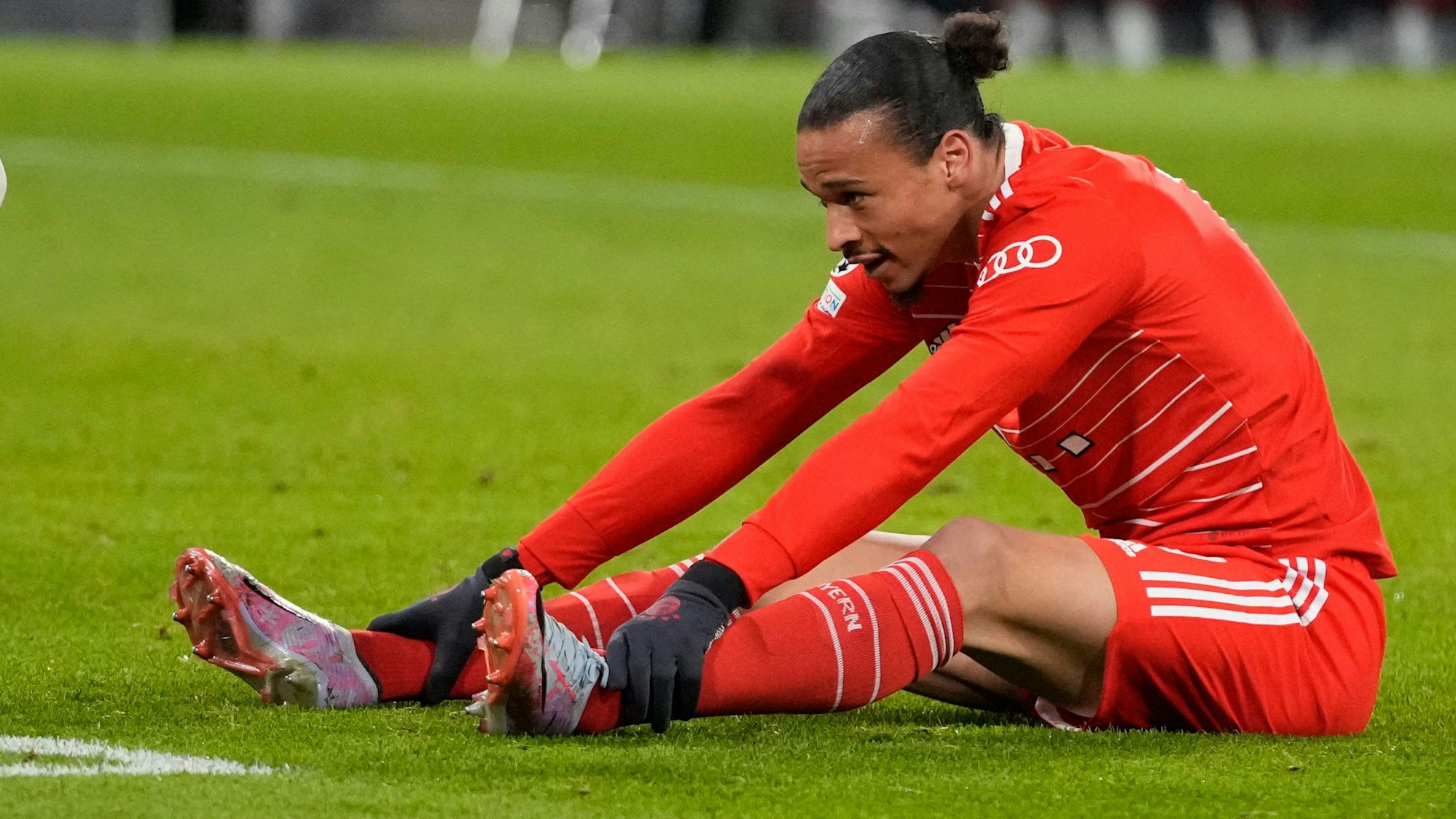 Bayern's Leroy Sane reacts after failing to score during the Champions League round of 16 second leg soccer match between Bayern Munich and Paris Saint Germain at the Allianz Arena in Munich, Germany, Wednesday, March 8, 2023. (AP Photo/Matthias Schrader)