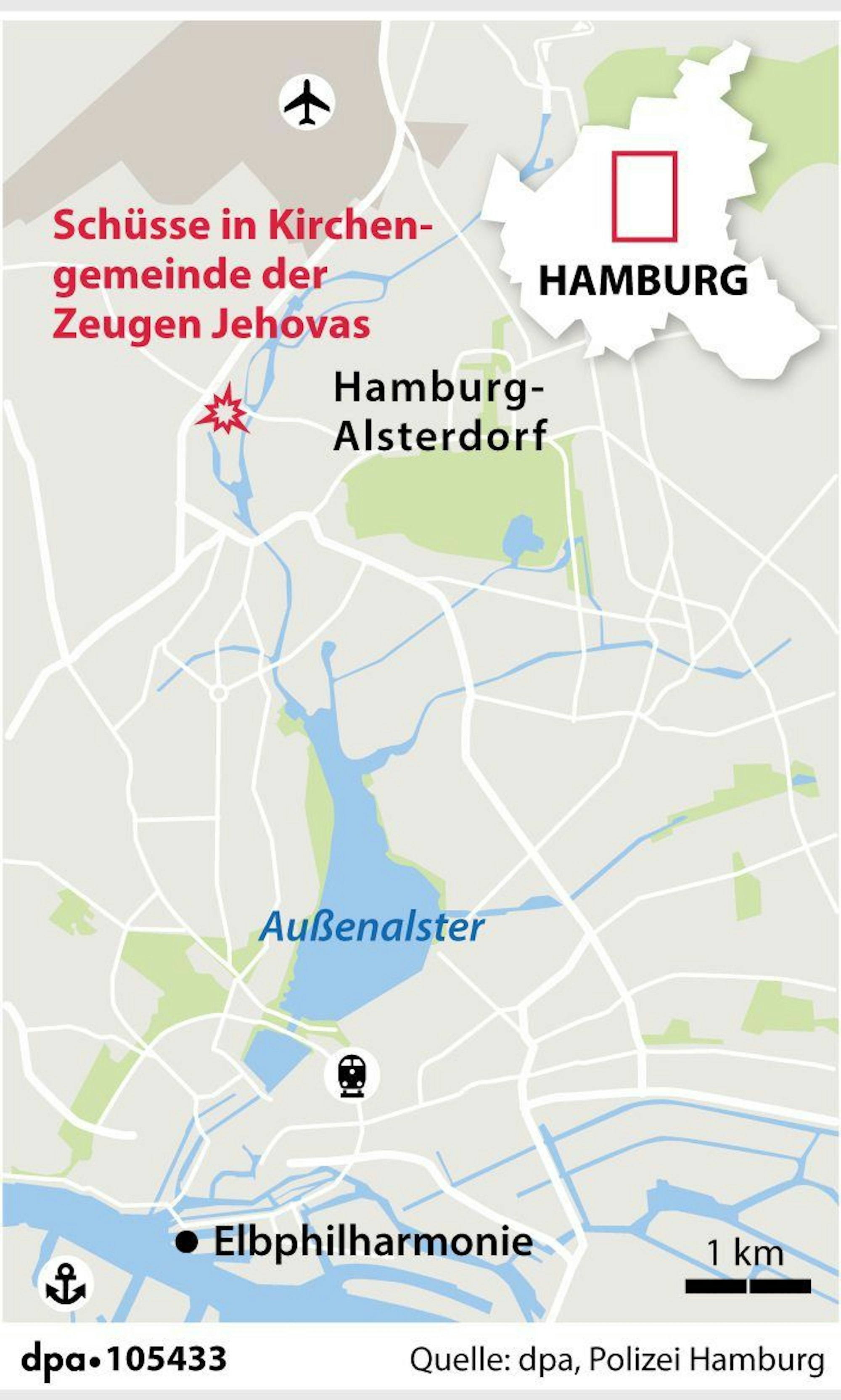 Die Grafik zeigt den Ort, an dem sich die Tragödie in Hamburg ereignete.