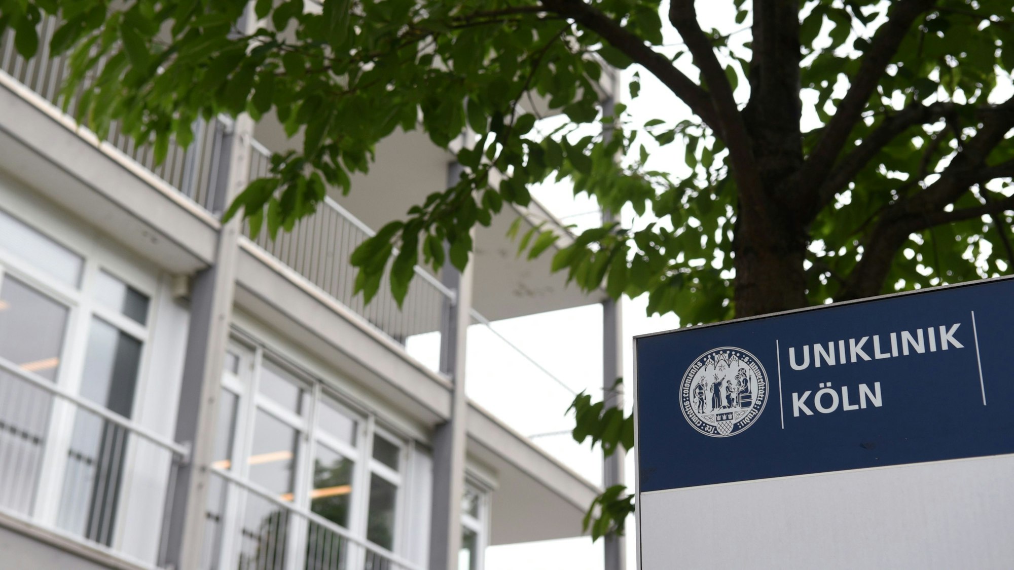Vor einem Gebäude der Uniklinik Köln steht ein Schild.