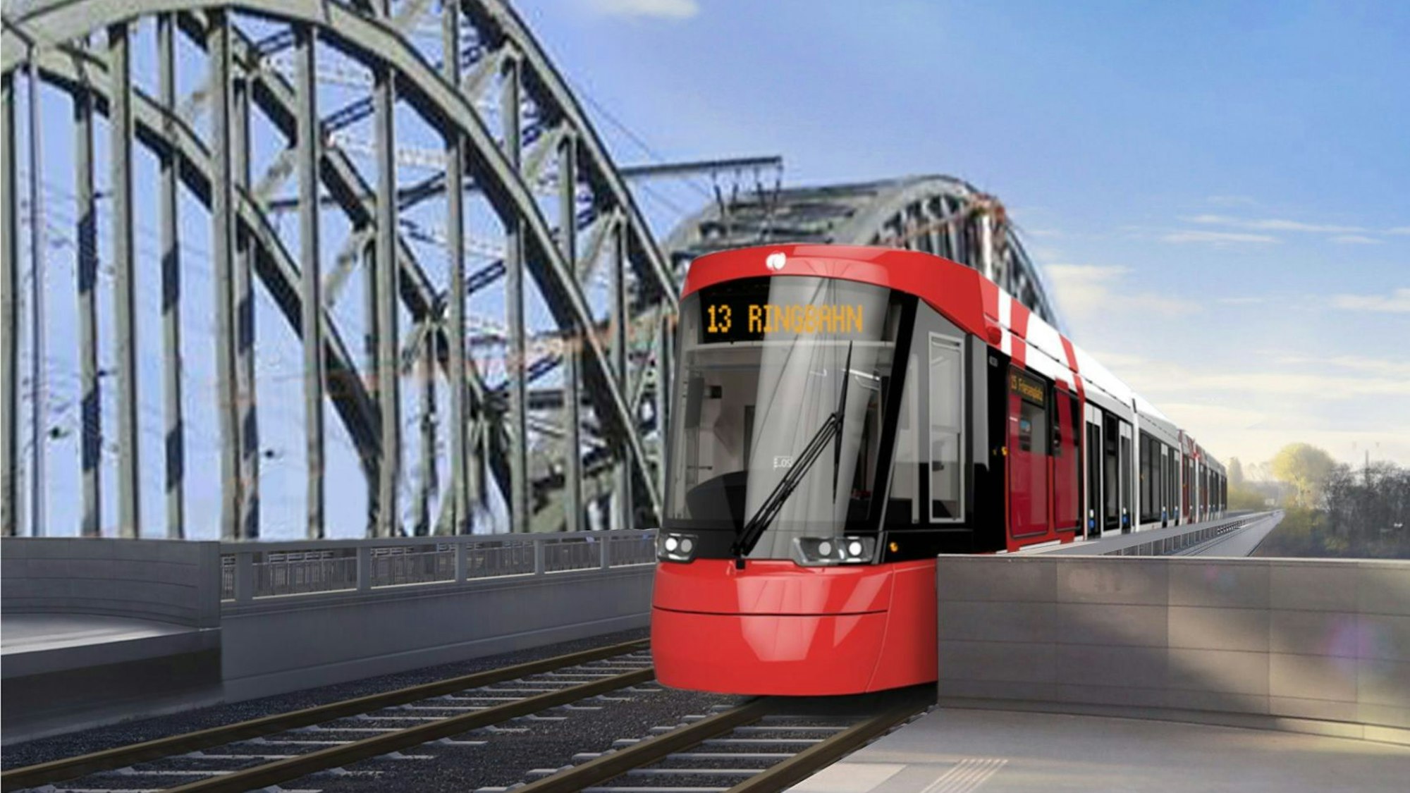 Die Visualisierung zeigt die Kölner KVB-Linie 13 auf der Südbrücke, die Kölner SPD hat entsprechende Pläne vorgelegt.