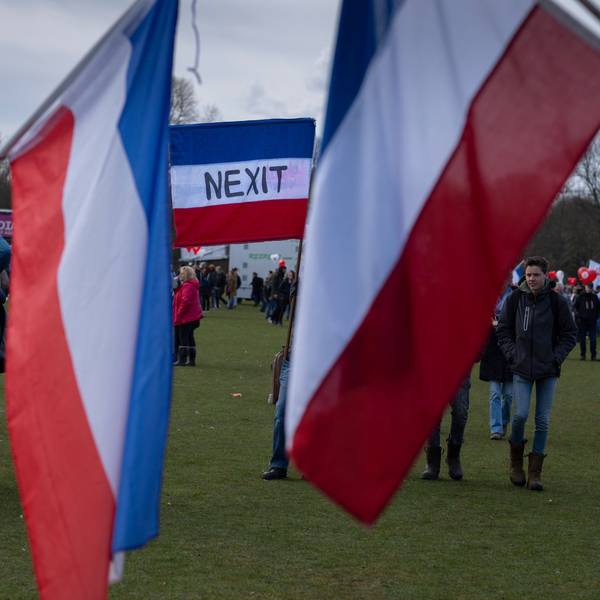 Demonstranten nehmen mit niederländischen Fahnen, die auf dem Kopf stehen und von denen eine die Aufschrift «Nexit» (Austritt der Niederlande aus der EU) trägt, an einem Protest der Bauernverbände gegen die Regierung teil.
