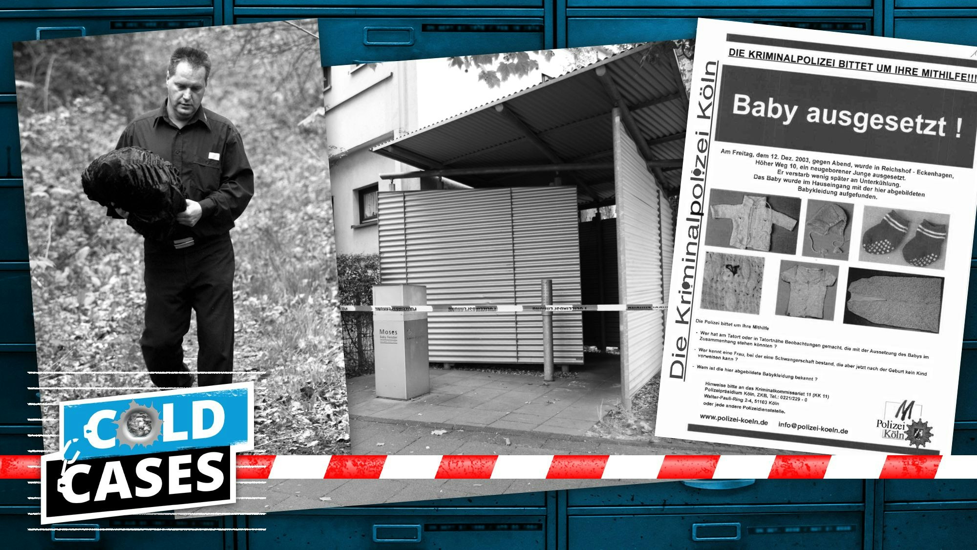 Eine Collage zeigt ein Fahndungsplakat, mit dem die Polizei die Eltern eines ausgesetzten Säuglings sucht, die Moses-Babyklappe in Köln-Bilderstöckchen und einen Bestatter, der einen toten Säugling aus einem Gebüsch in Köln-Mülheim trägt.