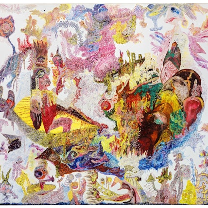 Ursulas Gemälde Ursula-Legende zeigt ein buntes, detailverliebtes Durcheinander.