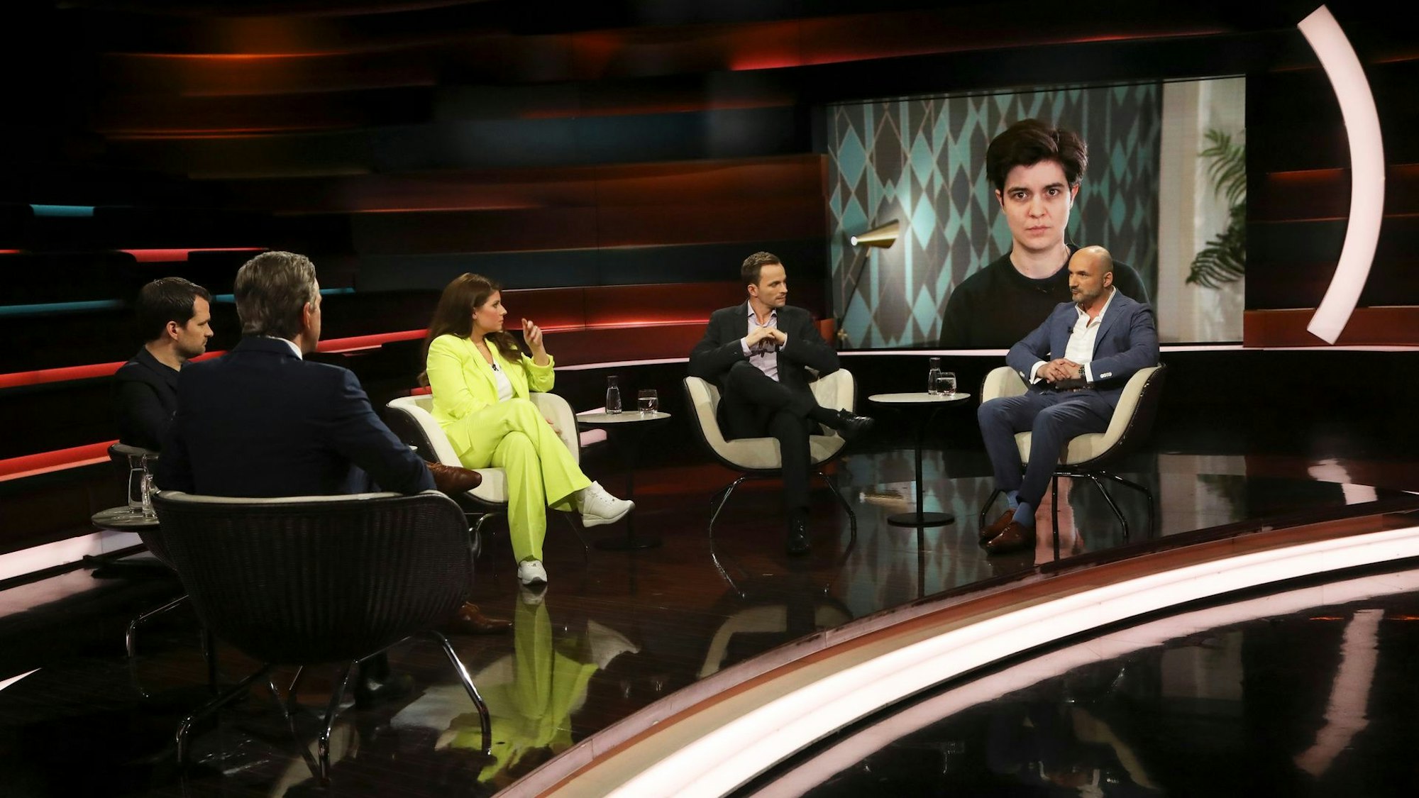 Von links: Markus Lanz, Johannes Vogel, Sarna Röser, Christoph Trautvetter, Marlene Engelhorn (Schalte), Roman Pletter