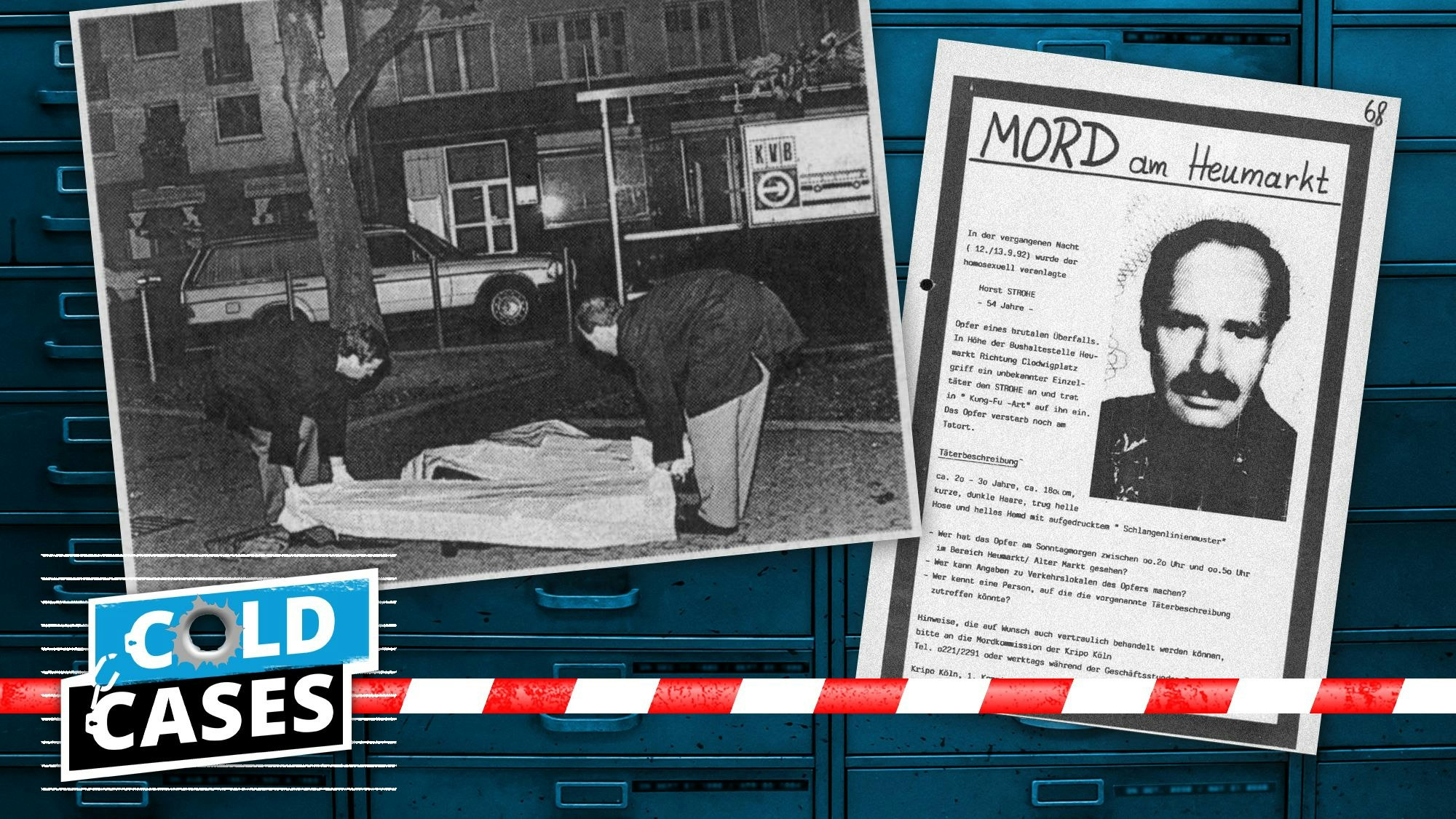 Bestatter laden den Leichnam am Tatort in der Nähe des Heumarkts ein, danaben ist ein Fahndungsplakat im Fall Strohe zu sehen. (Collage)