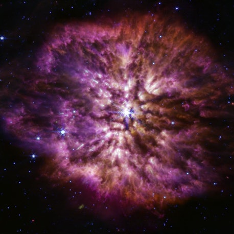 Der leuchtende, heiße Stern Wolf-Rayet 124 (WR 124) ist im Zentrum des zusammengesetzten Bildes des James Webb Weltraumteleskops zu sehen, das Licht der Nahinfrarotkamera und des Mittelinfrarot-Instruments von Webb im nahen und mittleren Infrarot kombiniert.