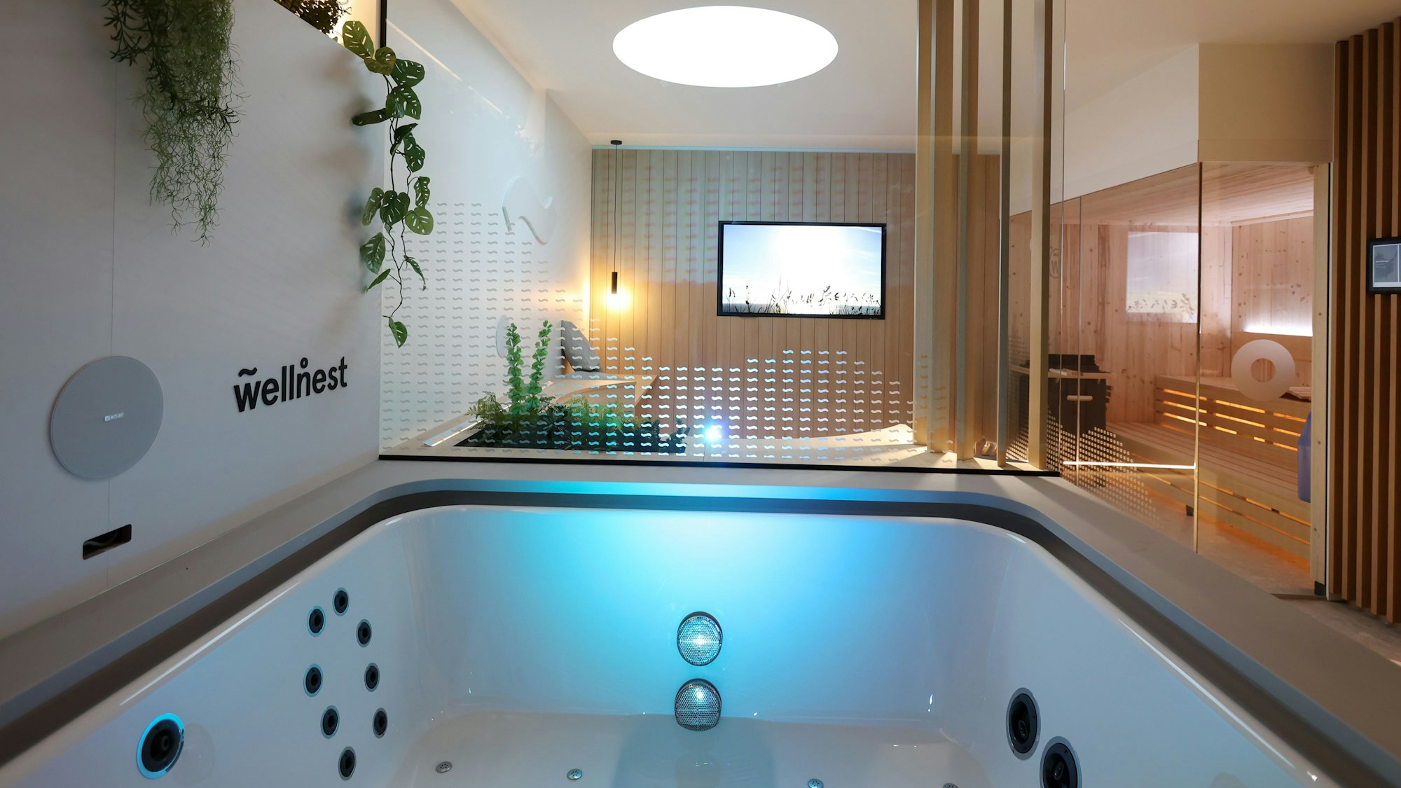 Im Vordergrund ist ein großer Whirlpool zu sehen, an der Wand hängt ein Fernseher. Rechts ist eine kleine Sauna zu sehen.