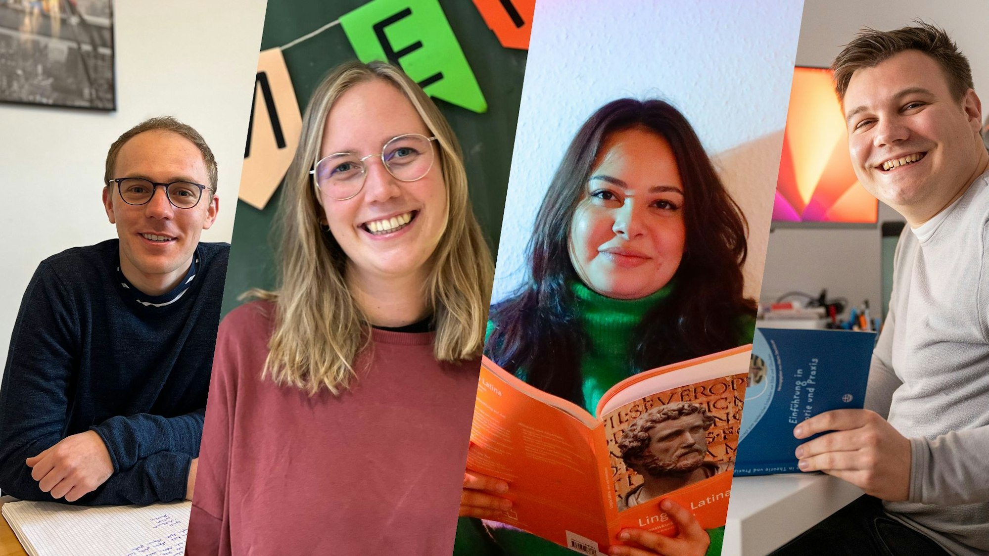 In einer Kollage sind vier angehende Lehrerinnen und Lehrer zu sehen.