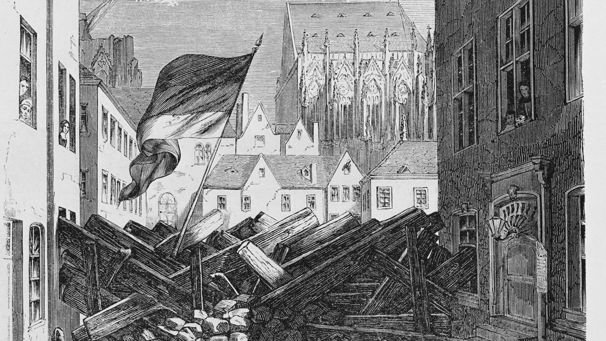 Kölnisches Stadtmuseum, KSM, Barrikade in Köln während der Revolution am 25. September 1848, Kölner Barrikade ohne Verteidiger am 25.9. 1848, Presse-Illustration nach der Zeichnung von Georg Osterwald