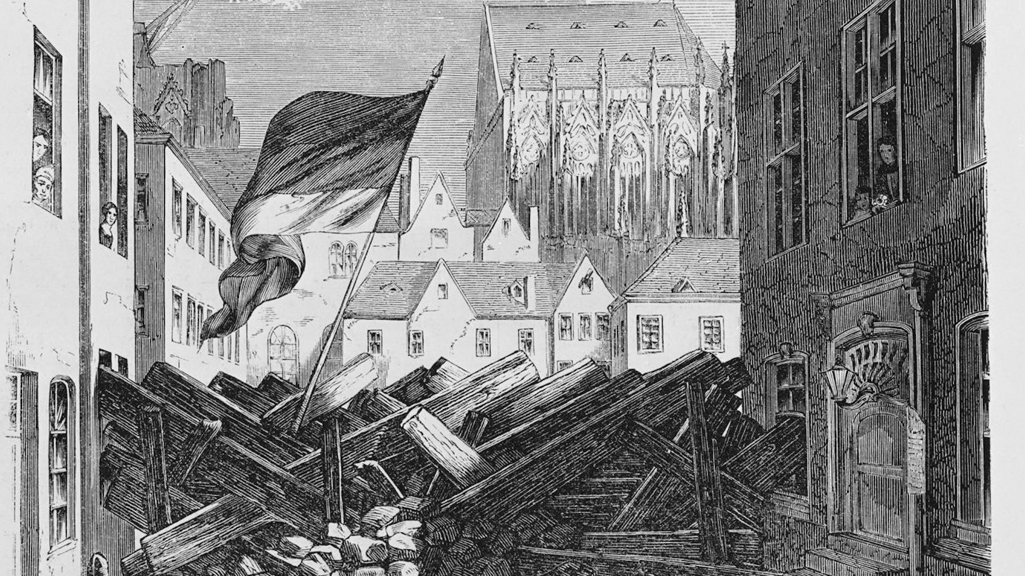 Kölnisches Stadtmuseum, KSM, Barrikade in Köln während der Revolution am 25. September 1848, Kölner Barrikade ohne Verteidiger am 25.9. 1848, Presse-Illustration nach der Zeichnung von Georg Osterwald