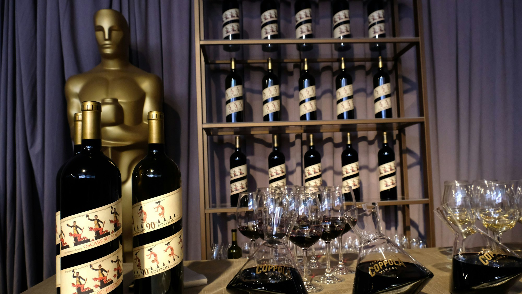 Weine von Regisseur und Winzer Francis Ford Coppola, aufgenommen bei der Pressevorbesichtigung zum Governors Ball.