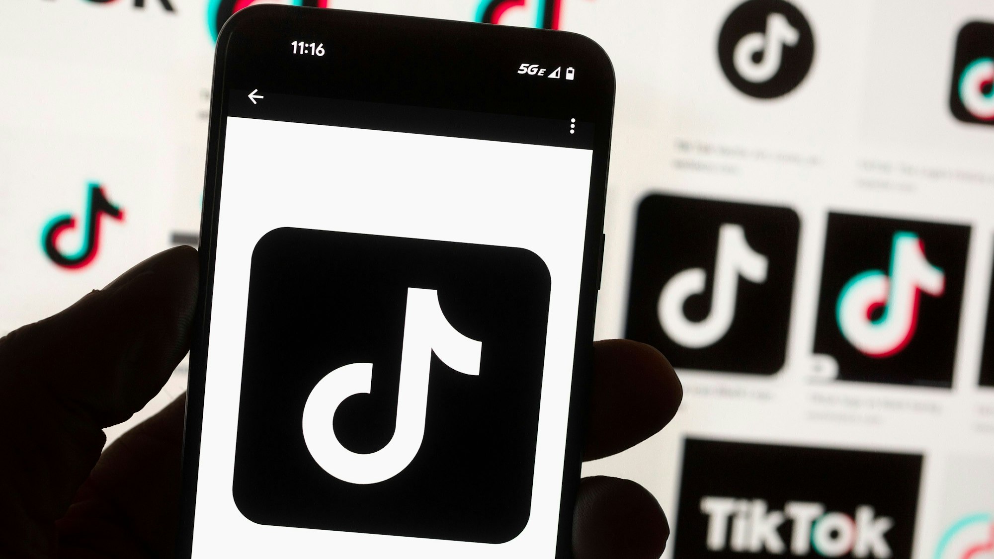 Das TikTok-Logo ist auf einem Mobiltelefon zu sehen.