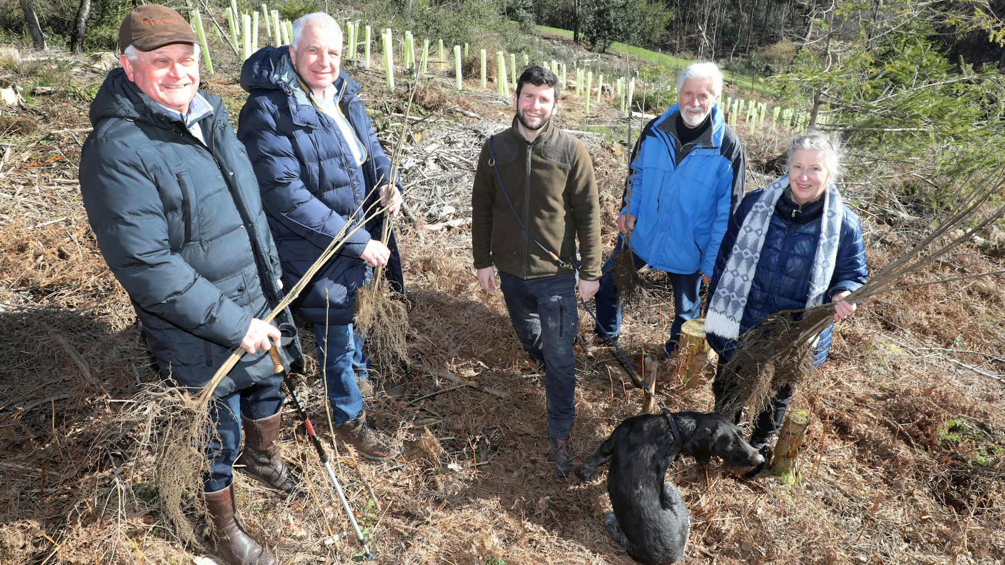 Die Beteiligten des Projekts stehen auf einer Waldfläche.