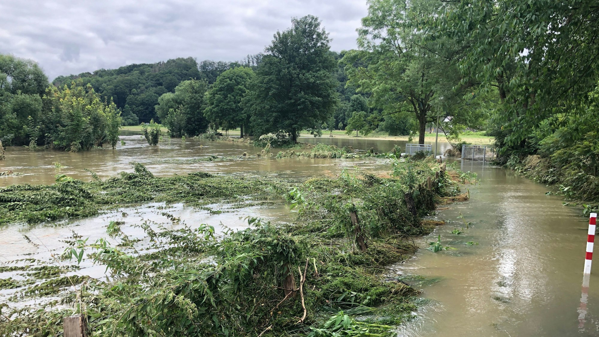Staße und Landschaft sind überschwemmt