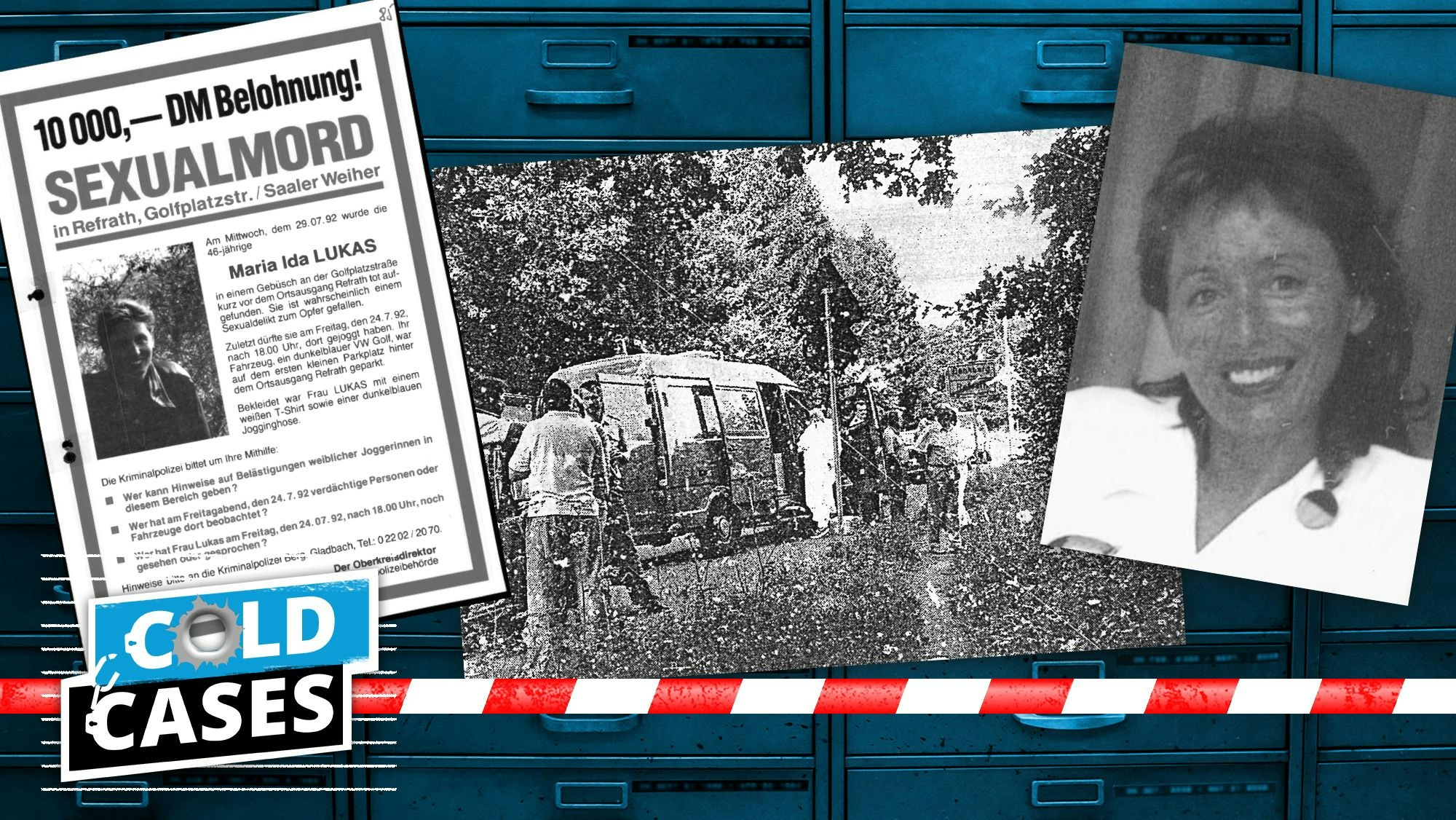 Eine Collage mit einem alten Fahndungsplakat, einem Porträt der Ermordeten und der Spurensicherung am damaligen Tatort.