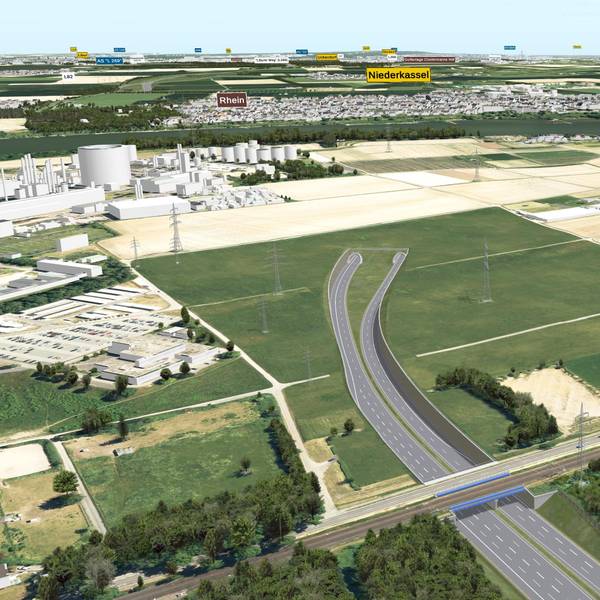 Eine 3D-Visualisierung zeigt, wie die Rheinquerung als Tunnel bei Wesseling-Urfeld aussehen könnte. Ein Tunnel führt zwischen Urfeld und Shell unter den Rhein.