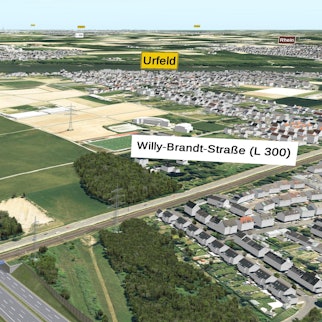 Eine 3D-Visualisierung zeigt, wie die Rheinquerung als Tunnel bei Wesseling-Urfeld aussehen könnte. Ein Tunnel führt zwischen Urfeld und Shell unter den Rhein.