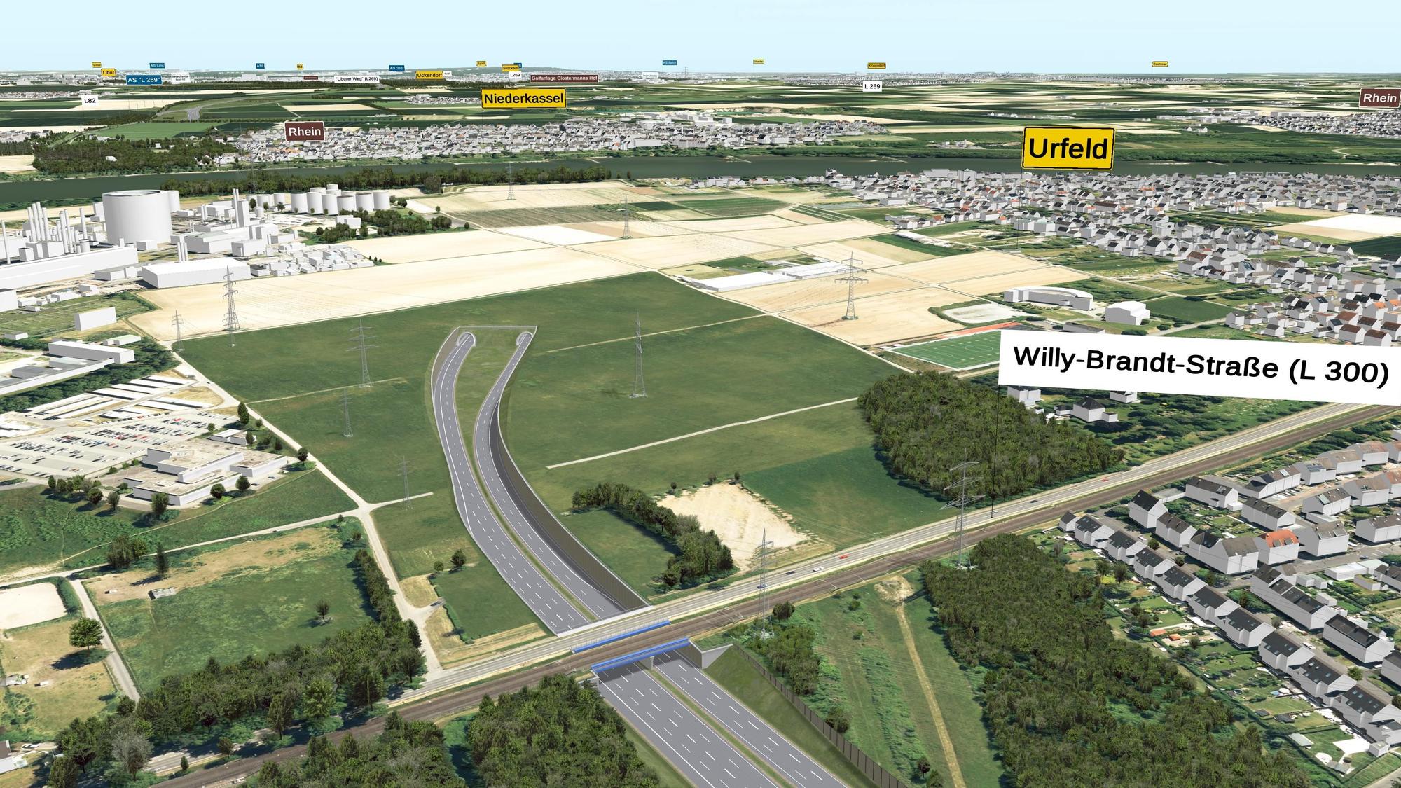 Eine 3D-Visualisierung zeigt, wie die Rheinquerung als Tunnel bei Wesseling-Urfeld aussehen könnte. Ein Tunnel führt zwischen Urfeld und Shell unter den Rhein.