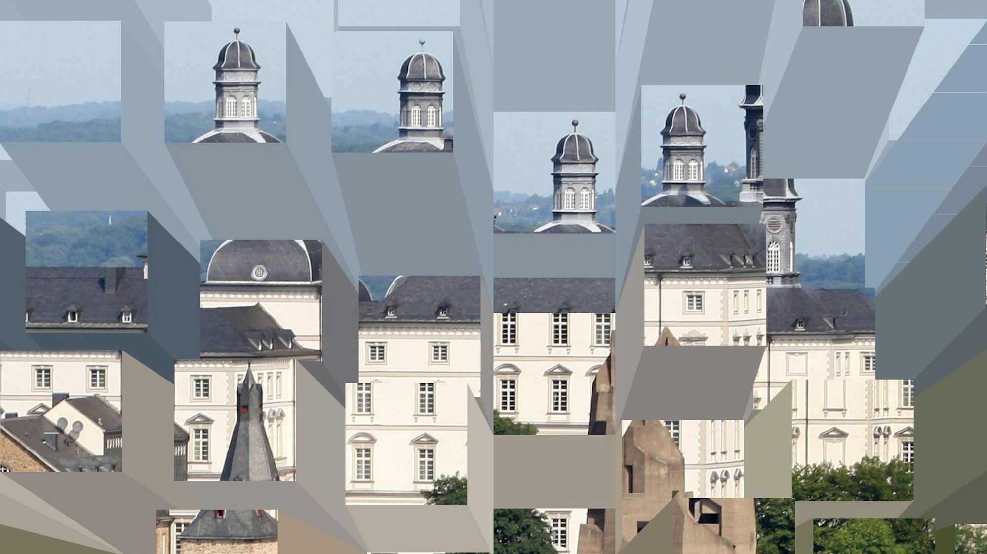 Durch einen digitalen Filter wirkt das Bild von Bensberger Schloss, Rathaus und Schlossberg in Quadrate geteilt und zerstückelt.