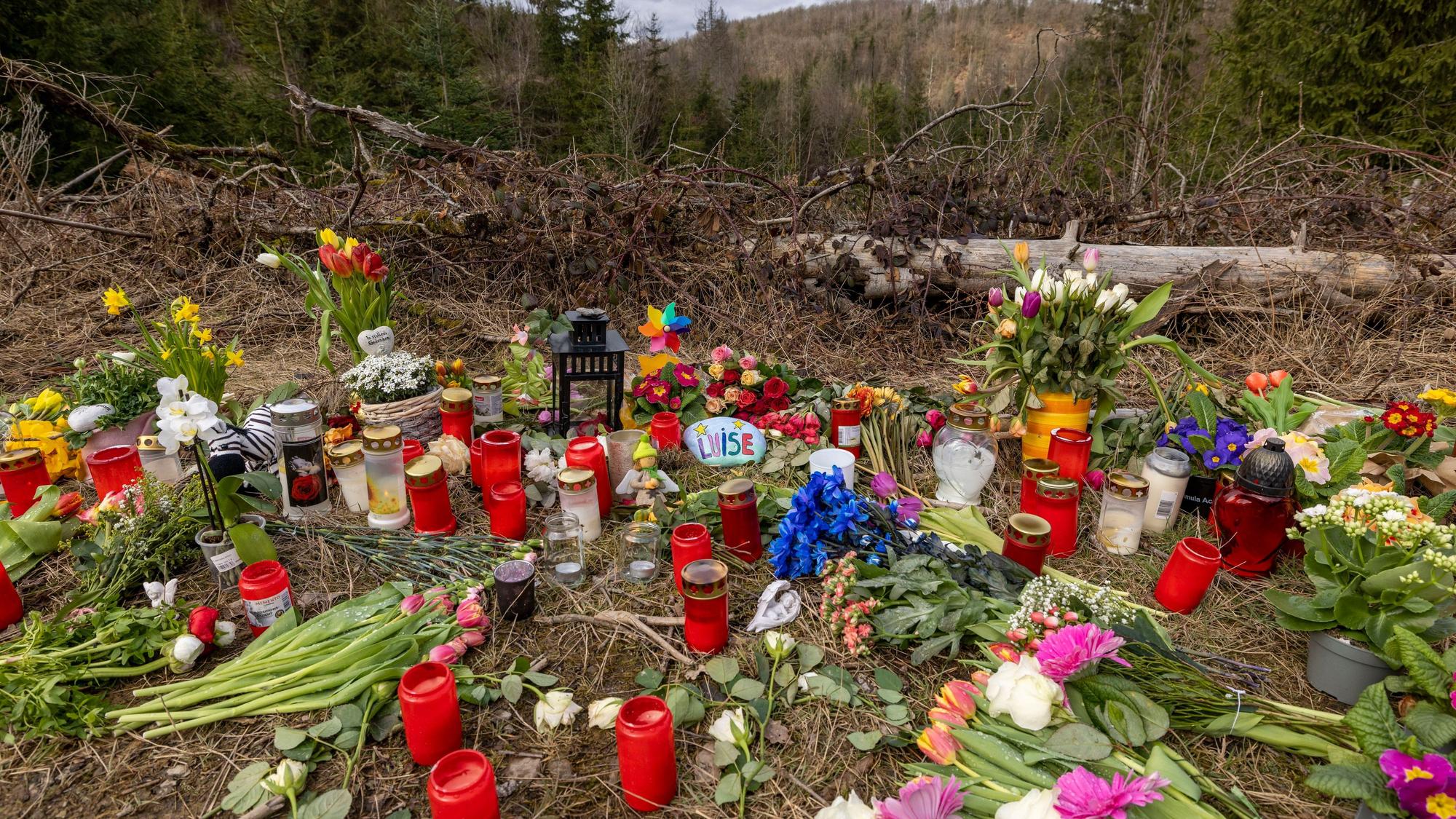 Freudenberg: Kerzen, Blumen und einige Kuscheltiere liegen an der Stelle im Wald, an der die Menschen in Freudenberg Abschied von Luise nehmen.