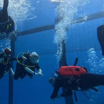 Fünf Taucher unterwasser in einem Becken der Aquarena