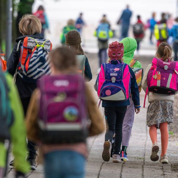 Kinder mit bunten Ranzen auf dem Weg in die Schule.