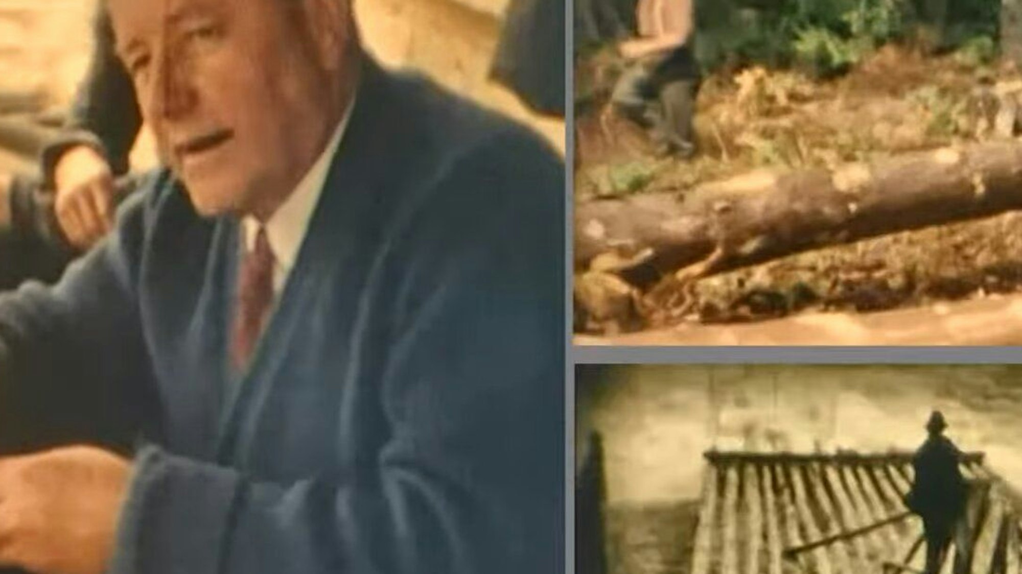 Das Team des Vereins "Wir für Leverkusen - ein starkes Stück Rheinland" und der Villa Zünfunke in Hitdorf präsentierte den Film der Reihe "Leverkusen - damals und heute". Hier ist der Besitzer des ehemaligen Sägewerks, Peter Freiburg, zu sehen.