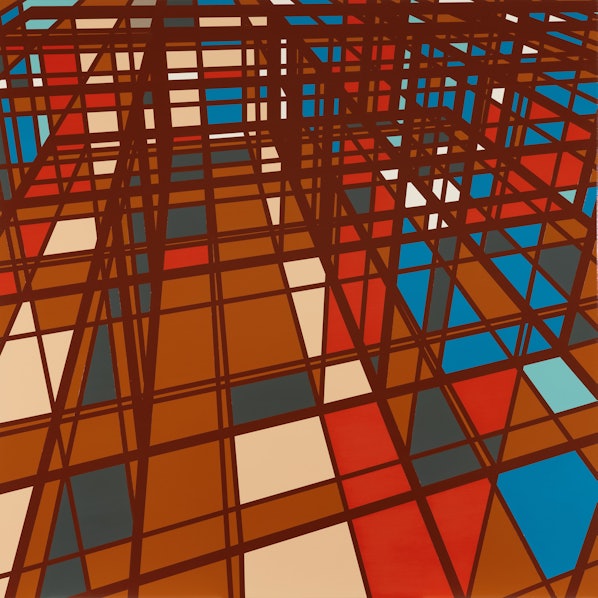 Sarah Morris' Gemälde „Library of Congress (Capital)“
zeigt ein Gittergeflecht vor farbigen Quadraten.