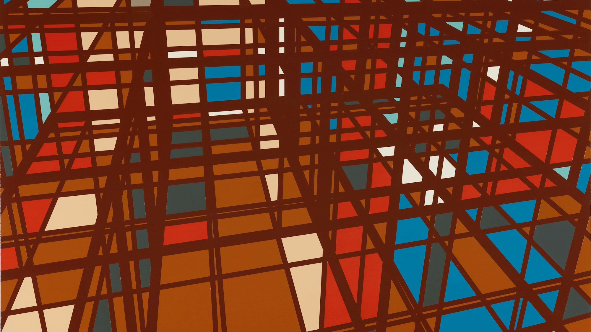 Sarah Morris' Gemälde „Library of Congress (Capital)“
zeigt ein Gittergeflecht vor farbigen Quadraten.