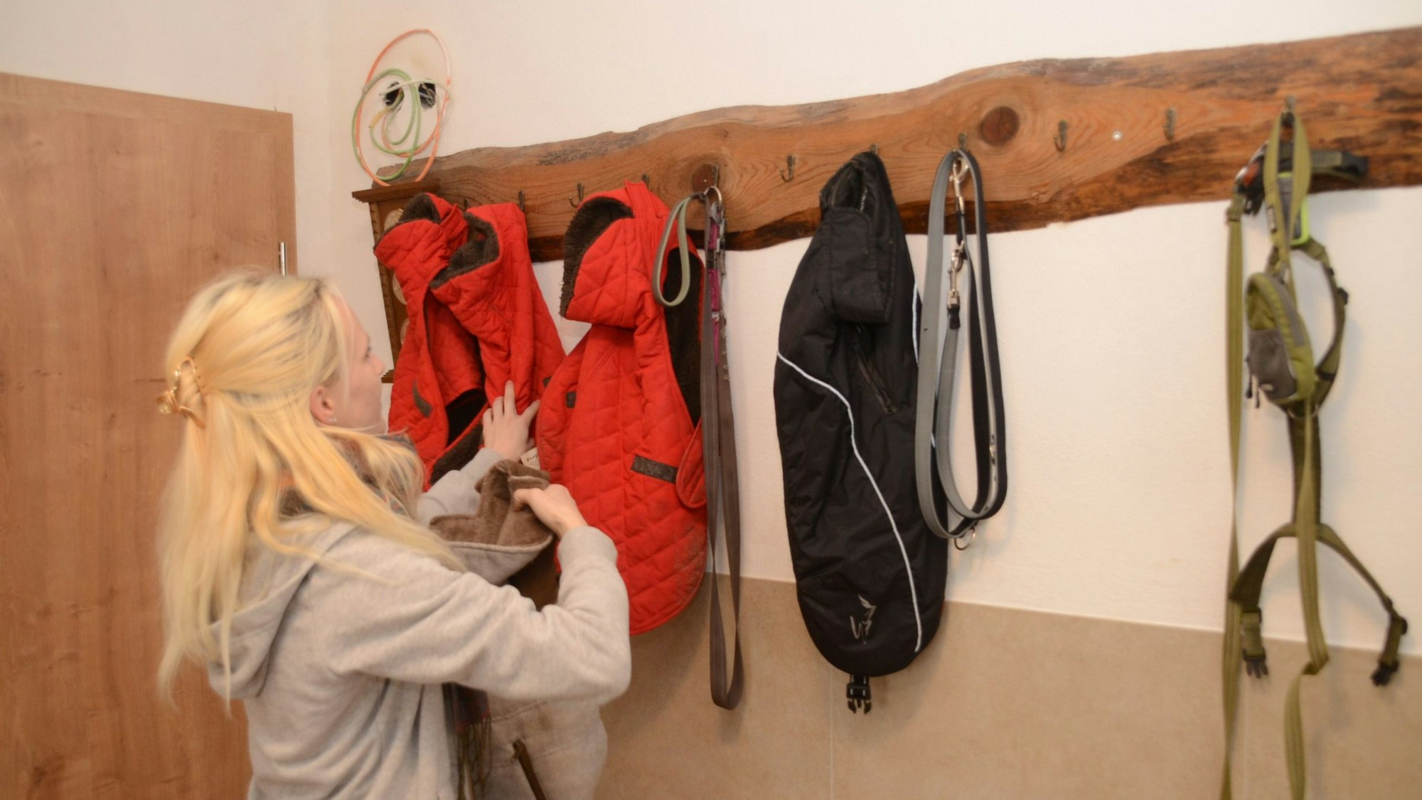 EIne blonde Frau hängt Hundemäntel und Leinen an einer Garderobe auf.