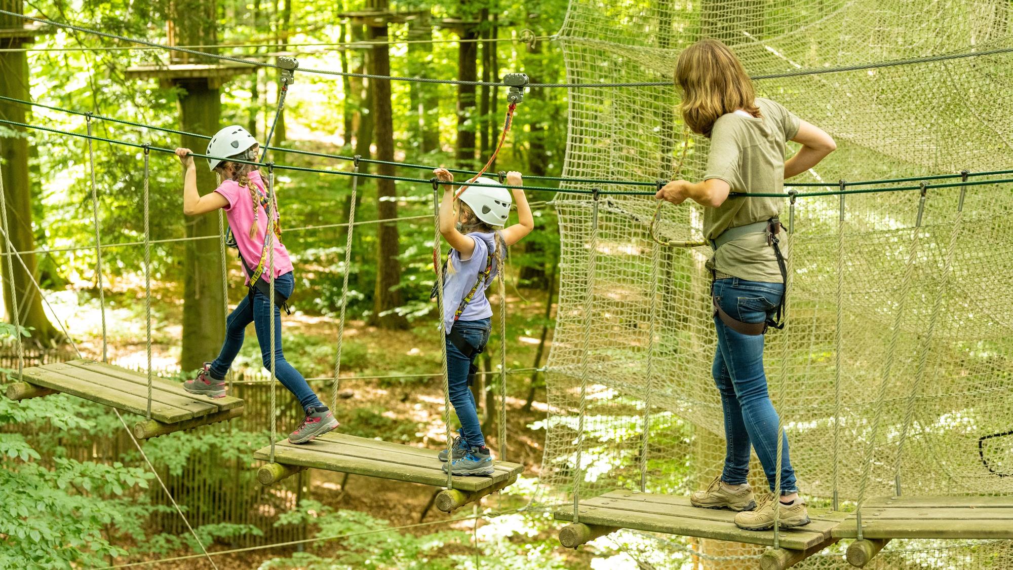 eine Frau und zwei Kinder laufen über Elemente in einem Hochseilgarten