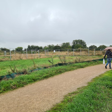 Eine Person geht auf dem Gelände der ehemaligen Zuckerfabrik spazieren.
