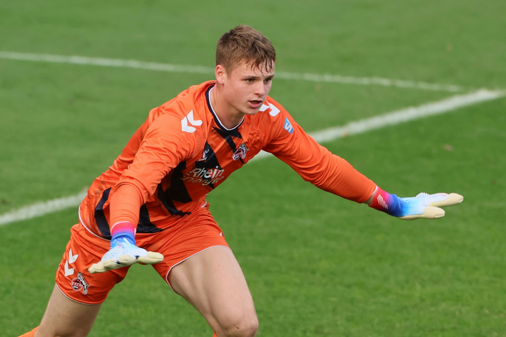 Torhüter Jonas Urbig von der U21 des 1. FC Köln dirigiert seine Abwehr im Regionalligaspiel am 30. Oktober 2022 gegen Borussia Mönchengladbach II.