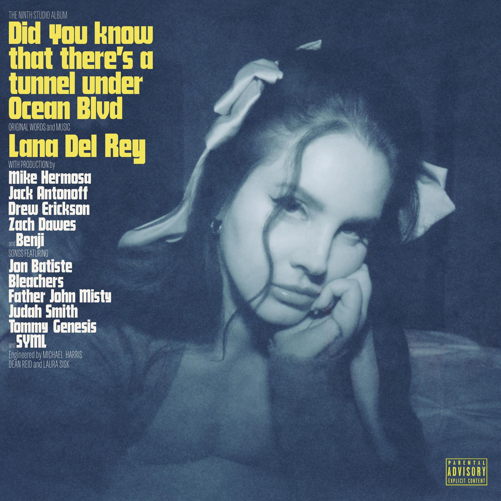 Auf dem Cover ihres Albums „Did you know that there's a tunnel under Ocean Blvd“ stützt Lana Del Rey ihren Kopf auf ihrer Hand ab und schaut in die Kamera. Die trägt zwei helle Schleifen im Haar. Das Bild ist in einem bläulichen schwarz-weiß mit gelber und weißer Schrift.