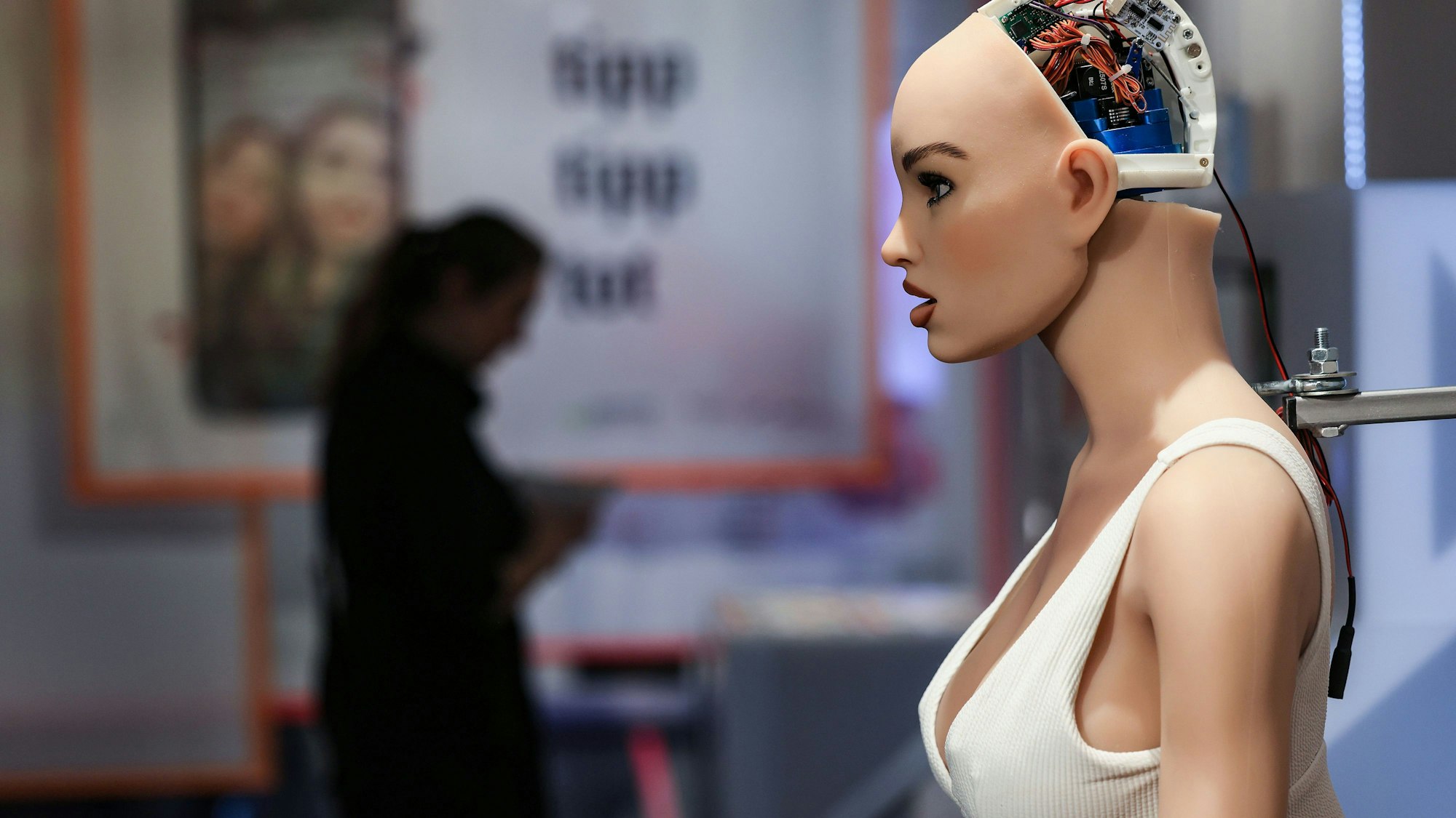 Die digitale Sexpuppe Harmony ist im Profil zu sehen, die Schale ihres ihr Hinterkopfs ist entfernt und gibt den Blick auf Kabel und Chips frei. Die Ausstellung „#DeutschlandDigital“ ist bis Februar 2024 im Bonner Haus der Geschichte zu sehen.