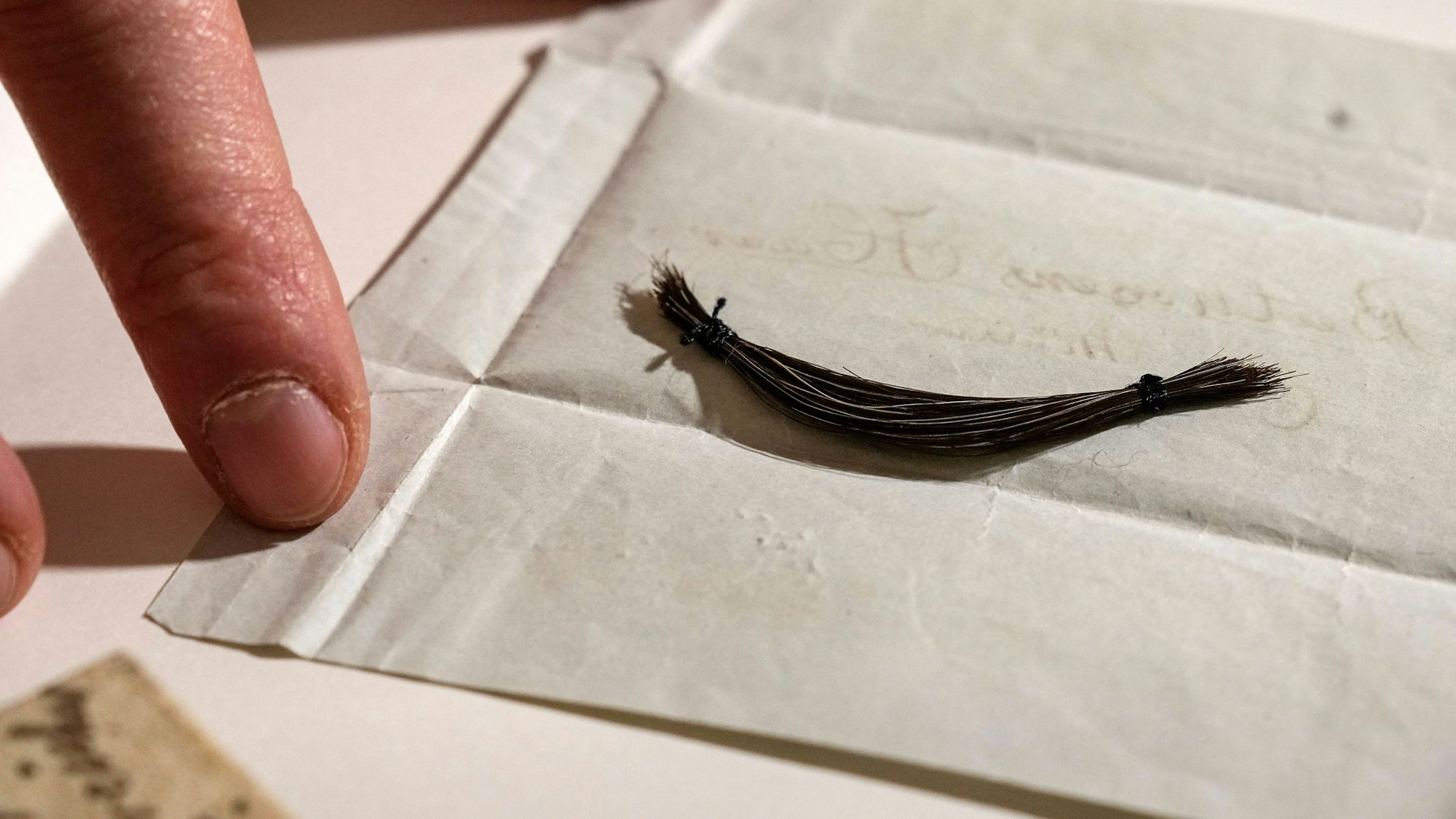 Eine leicht gelockte Haarsträhne liegt auf einem Papier, dessen Rand von einer Hand gedrückt gehalten wird.