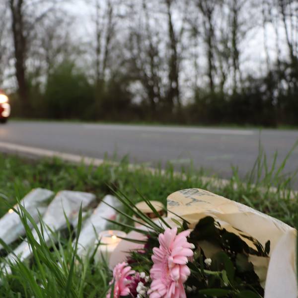 Mehrere Blumensträuße liegen neben einer Straße im Gras.