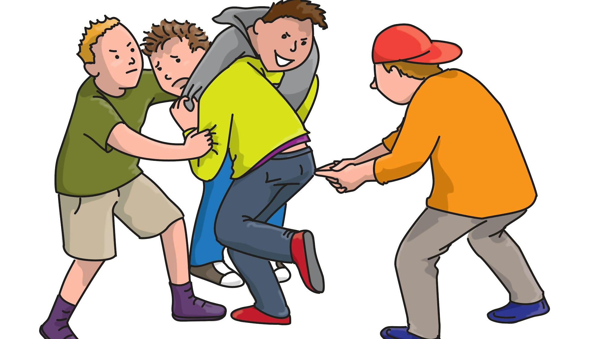 Comiczeichnung: Zwei Jungen halten einen anderen Jungen fest. Ein vierter Junger steht hinter diesem und hat die Hände in Höhe des Gesäß' zu einer Pistole geformt.