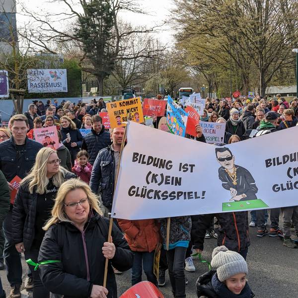 Das Bild zeigt mehrere Demonstranten mit Plakaten auf dem Weg zum Rathaus.