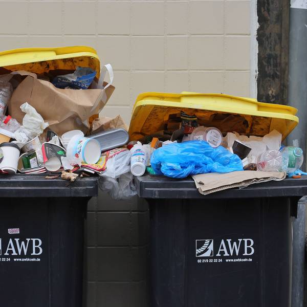 Überfüllte Gelbe Tonne der AWB in Kalk