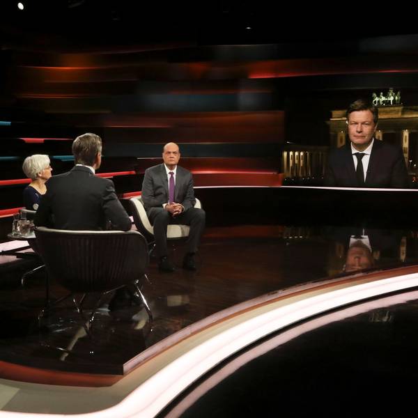 Ulrike Herrmann (v.l.n.r.), Markus Lanz, Robin Alexander, Robert Habeck im ZDF-Talk