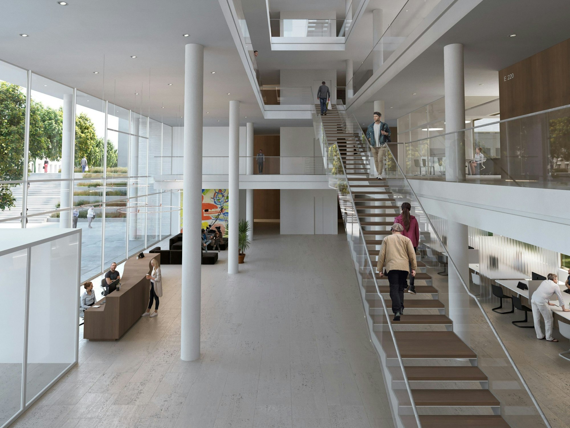 Lichtdurchflutet und in heller Optik will der Planer den Eingangsbereich gestalten, Treppen führen in die oberen Stockwerke.