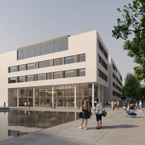 Die Grafik zeigt das moderne Rathaus mit einer quadratischen Wasserfläche auf dem Vorplatz und flanierenden Bürgern.
