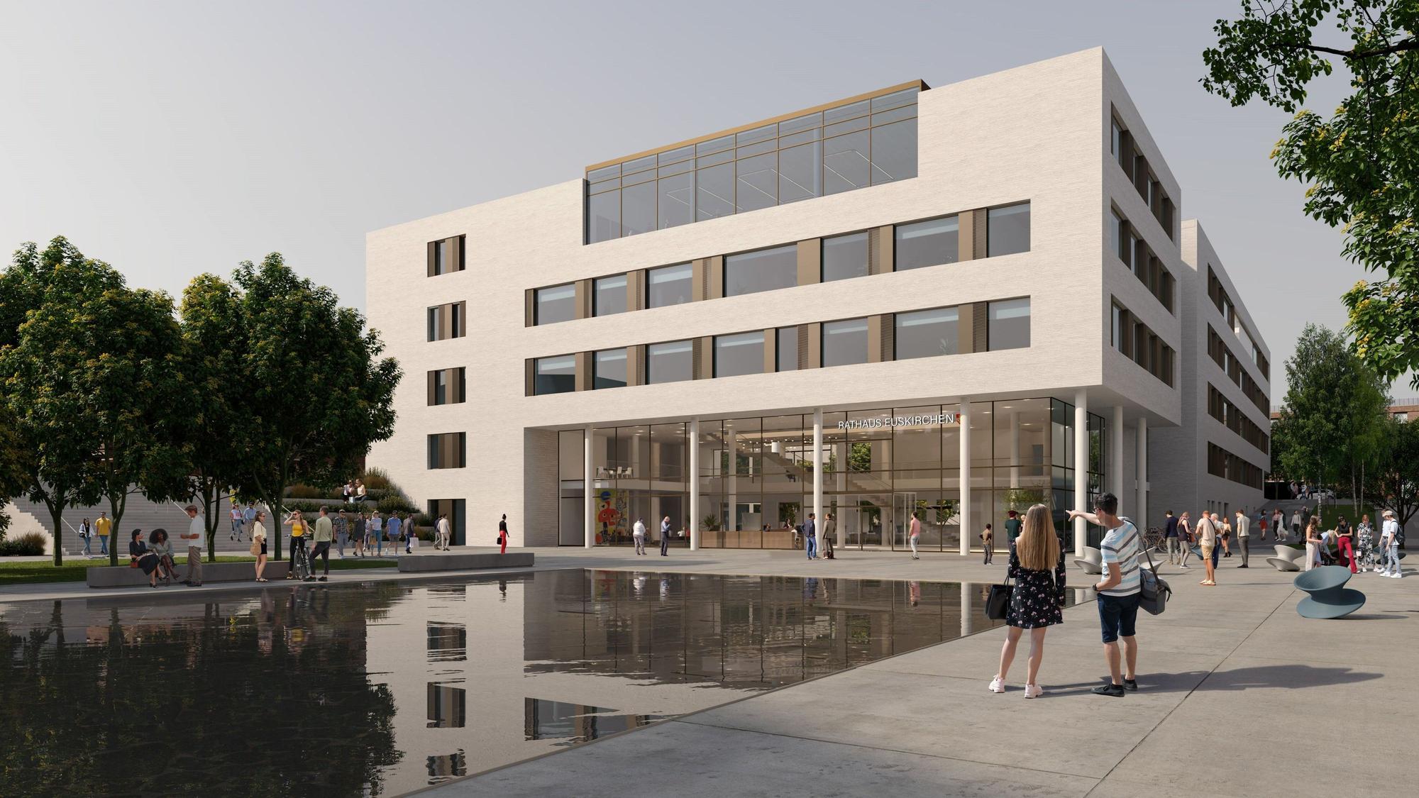 Die Grafik zeigt das moderne Rathaus mit einer quadratischen Wasserfläche auf dem Vorplatz und flanierenden Bürgern.