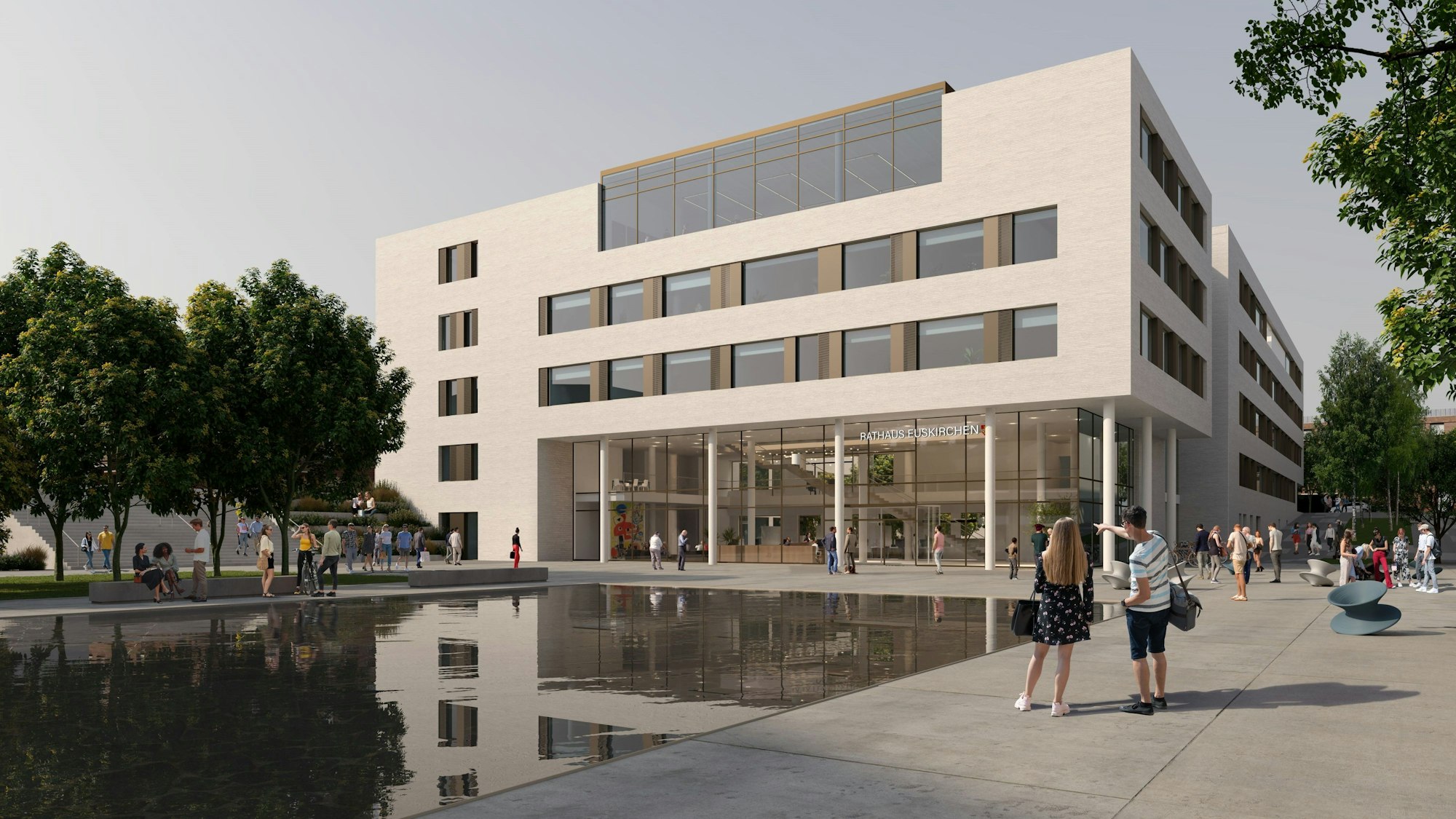 Die Grafik zeigt das moderne Rathaus mit einer quadratischen Wasserfläche auf dem Vorplatz und flanierenden Bürgern.