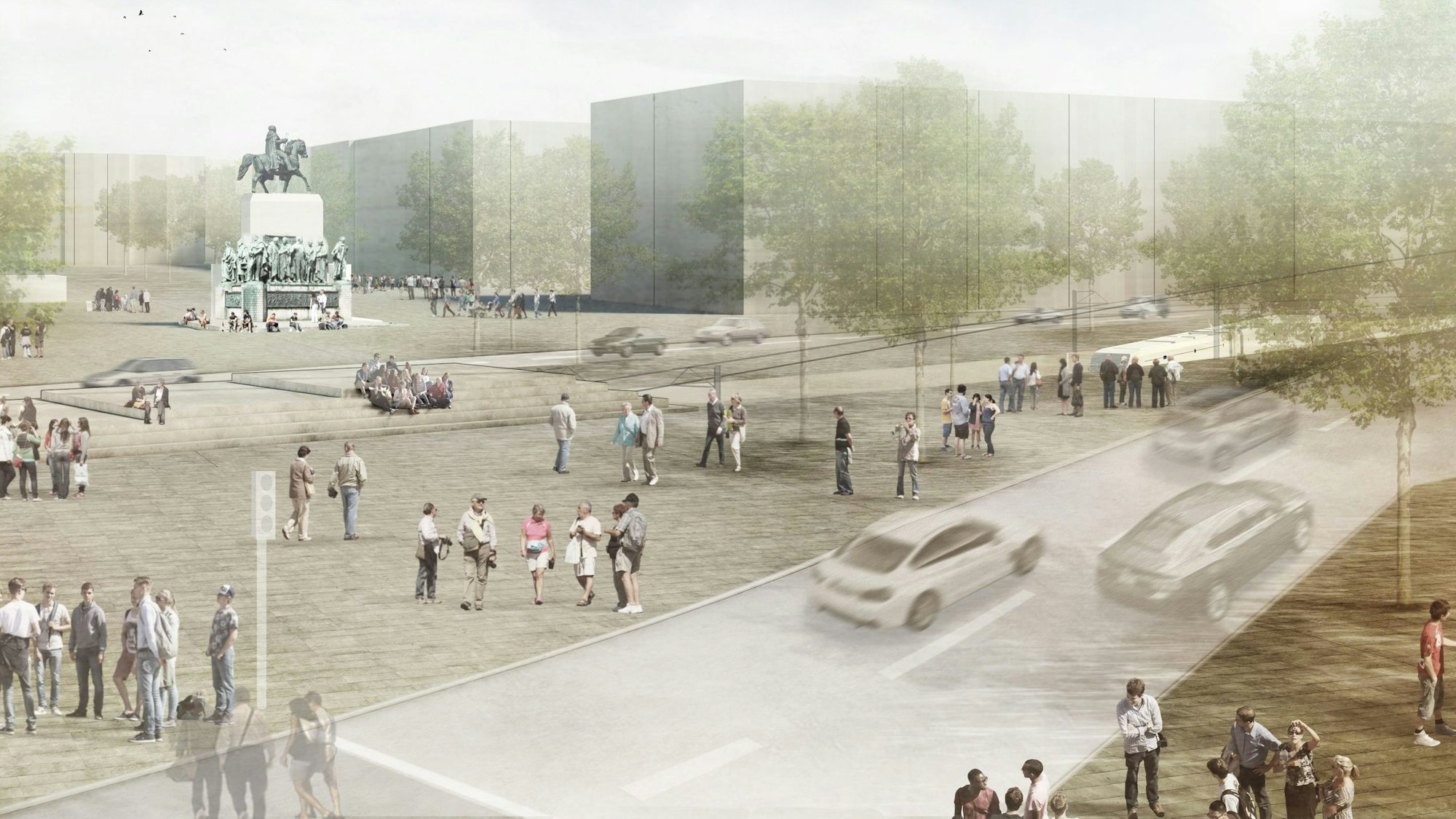 Blick auf den Kölner Heumarkt: Straßenbahnschienen fehlen, Menschen bevölkern den Platz. Spuren für Autofahrbahnen sind in dieser Visualisierung lediglich angedeutet.