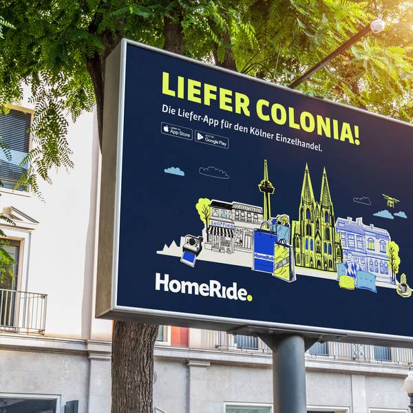 Plakat des Unternehmens Home-Ride mit der Aufschrift Liefer Colonia!
