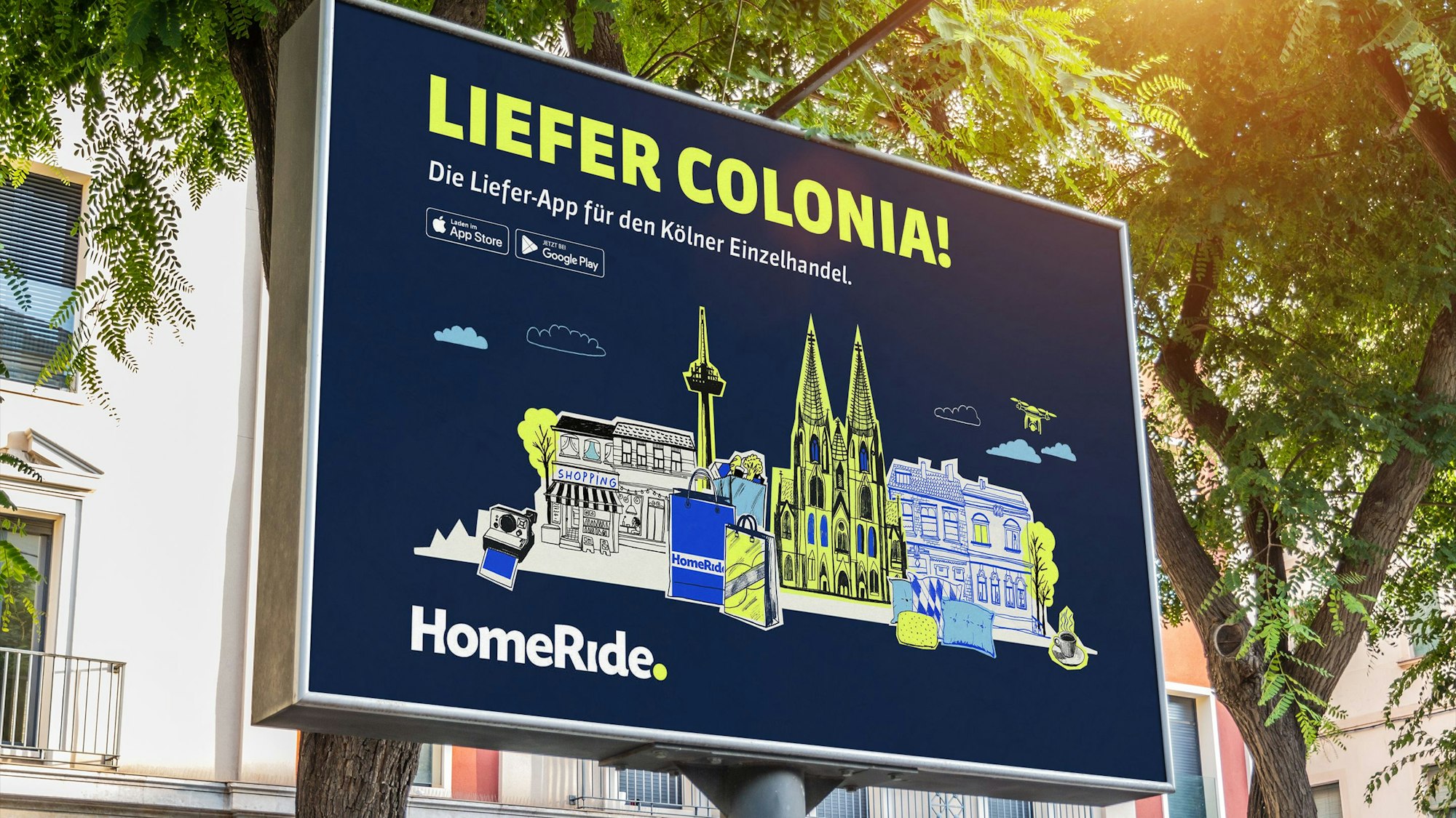 Plakat des Unternehmens Home-Ride mit der Aufschrift Liefer Colonia!