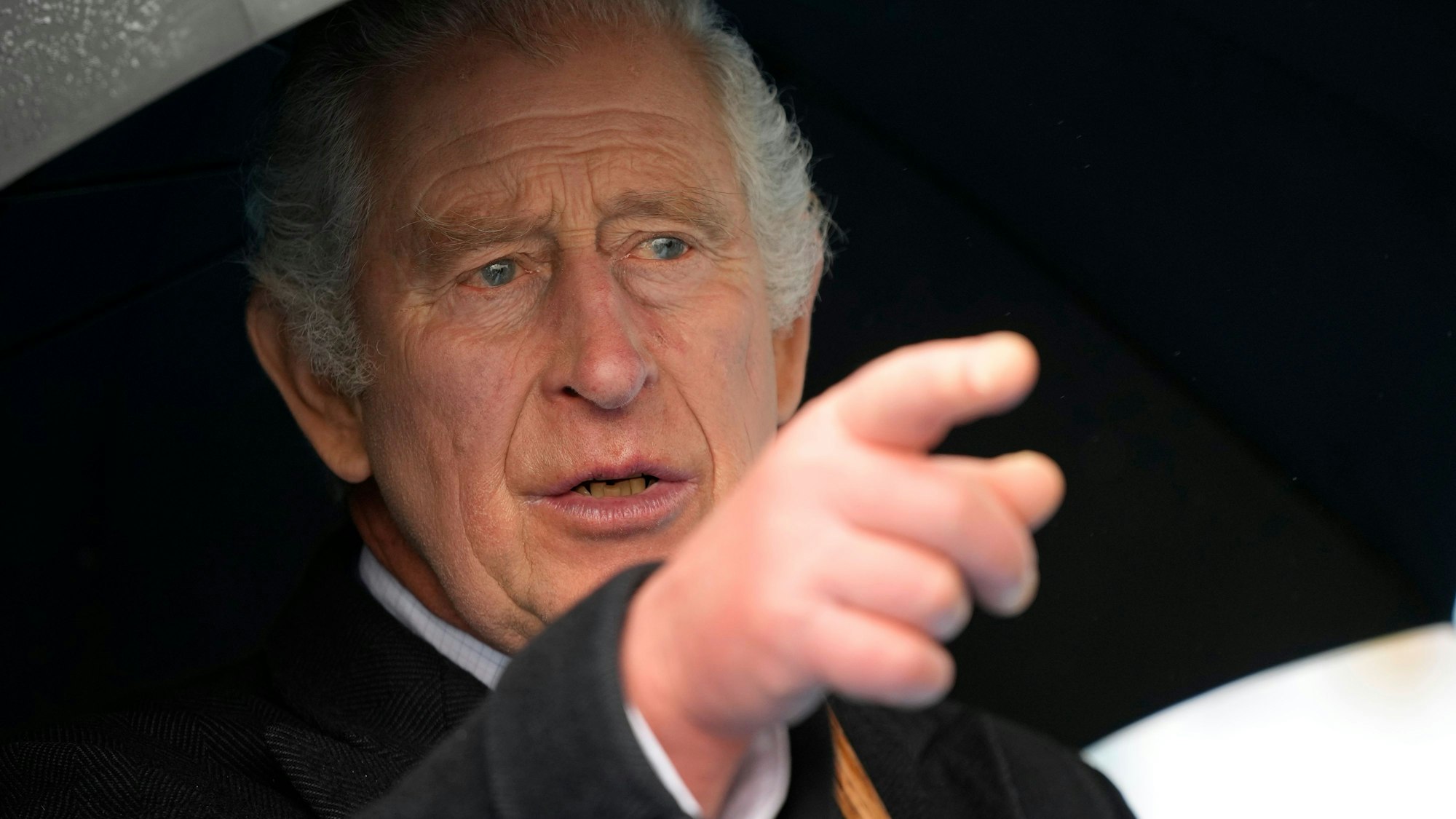Der britische König Charles III. mit einem schwarzen Regenschirm. Er zeigt auf etwas und redet.